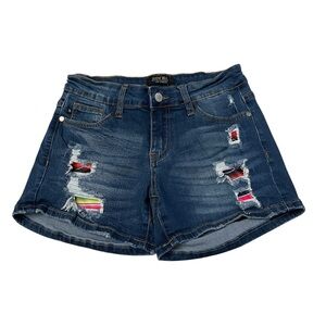 Judy Blue JB1533 Serape Patch Distressed Blue Denim Stretch Jean Shorts Size S